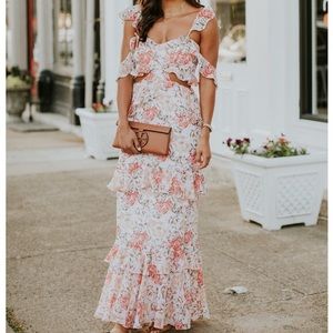 WAYF Milan Cut Out Ruffle Maxi Dress Pink Floral